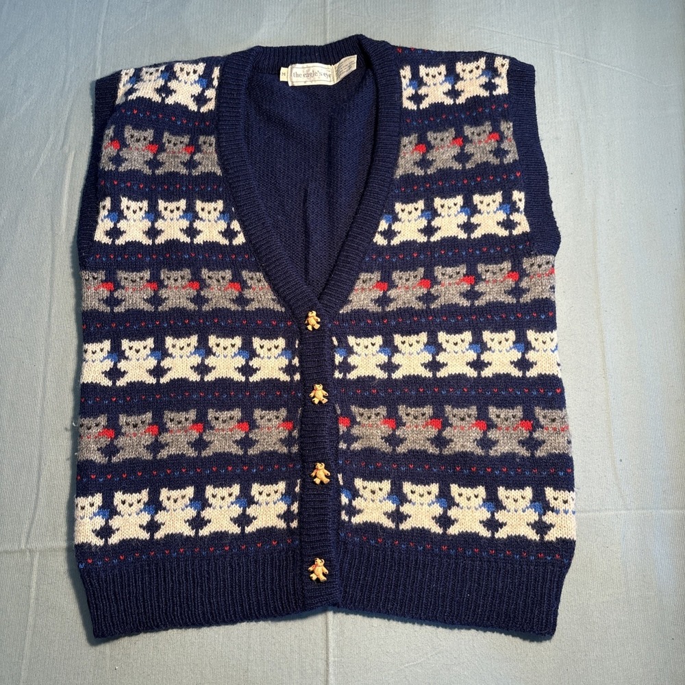 The Eagle's Eye Vintage Shetland Wool Teddy Bear Cardigan Sweater Vest Navy M